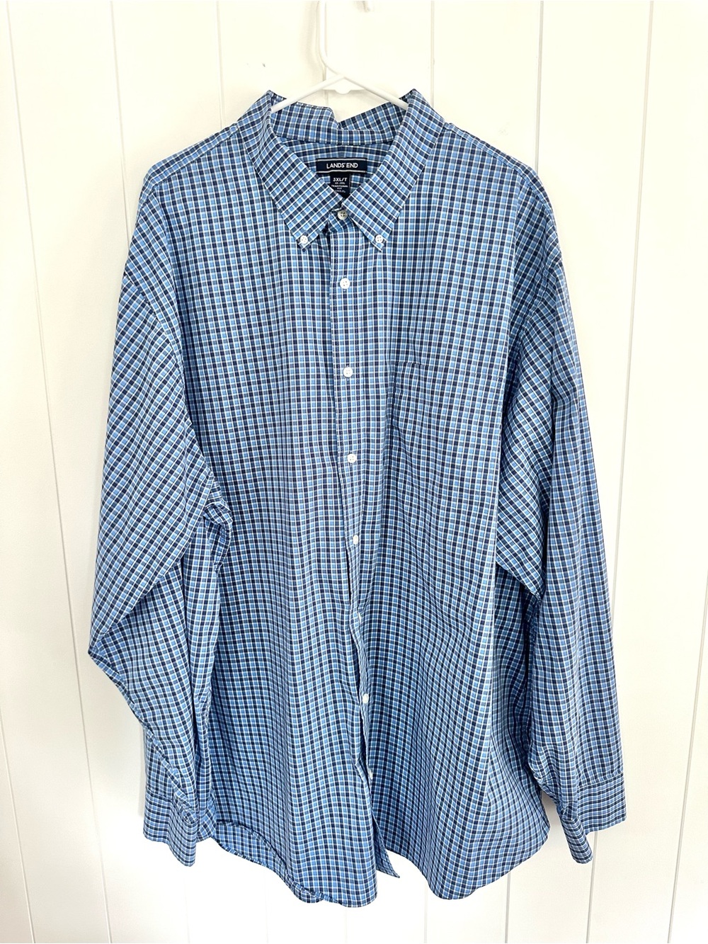 Lands' End Men's Blue and White Checked Button-Down Traditional Fit Shirt 3XL/T